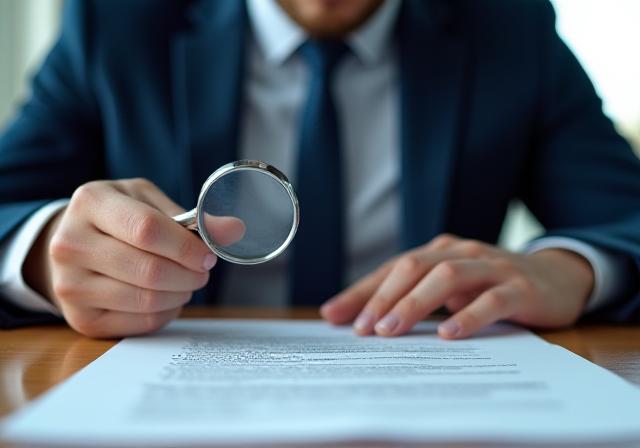 A person looking stressed while reviewing a paper document on a mahogany desk